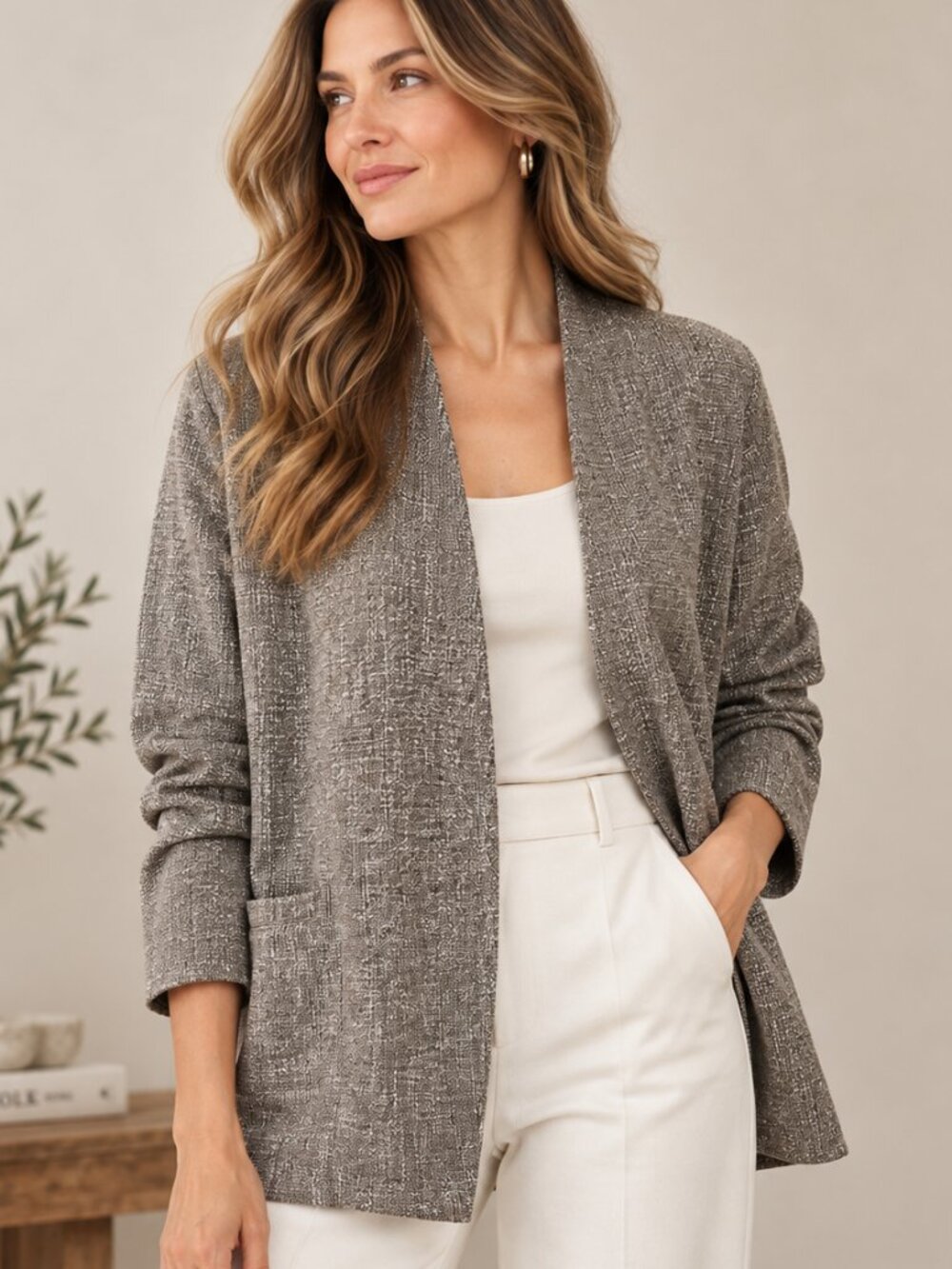 Eileen Fisher Driftwood Cotton Slub Tweed Open Front Blazer Jacket Small